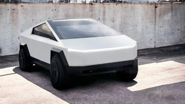 white satin tesla cybertruck parked infront of a concrete wall.