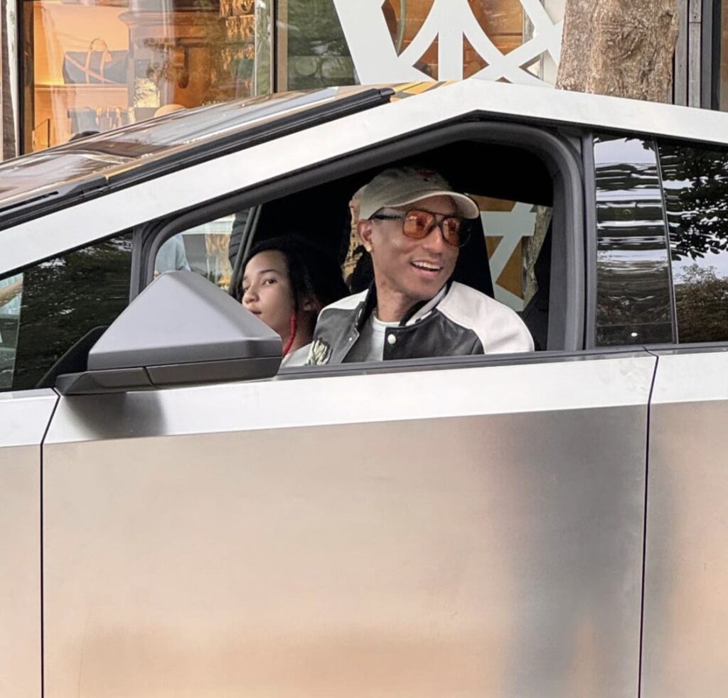 pharrell williams  in his new tesla cybertruck