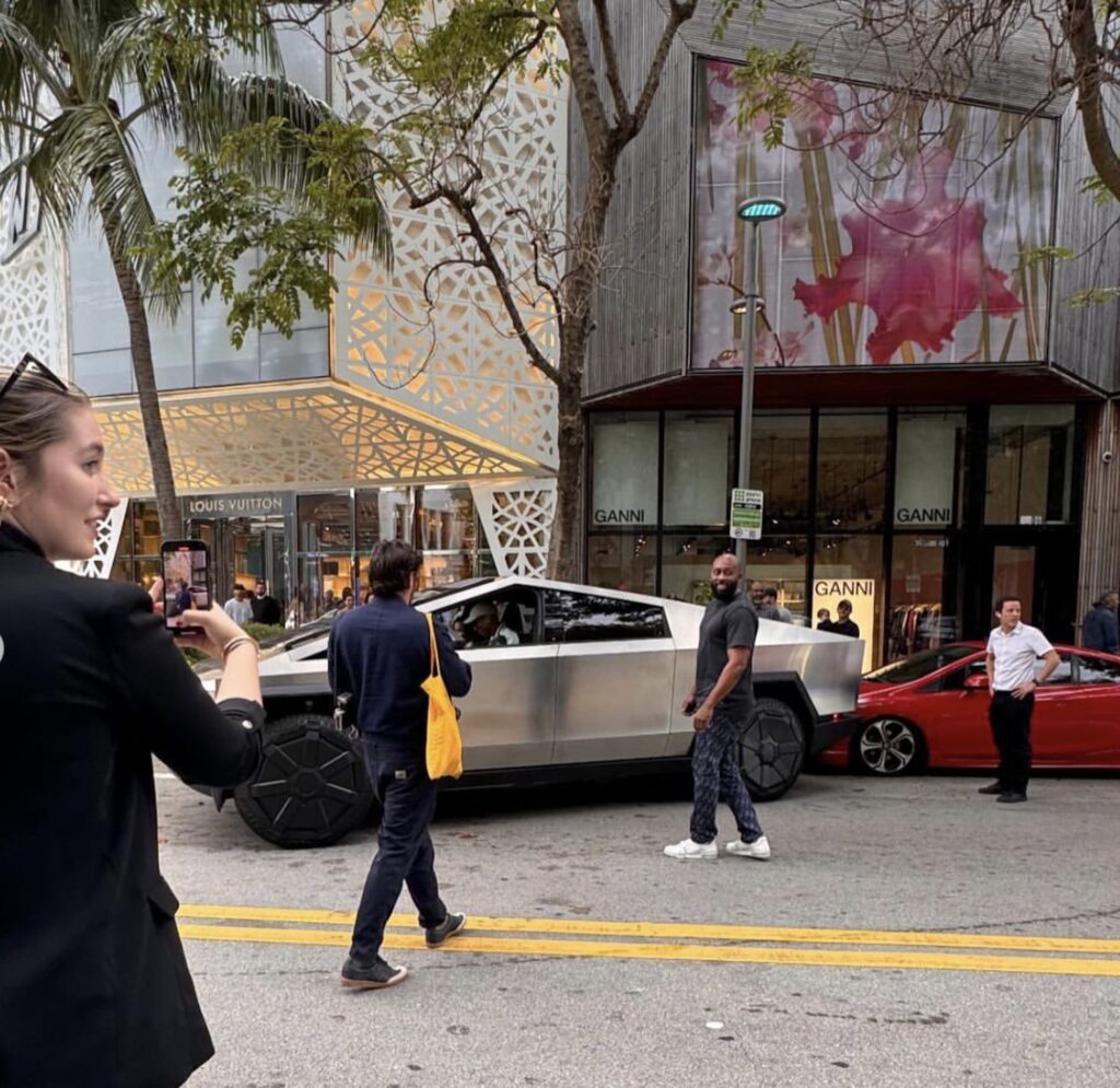 pharrell williams parking his tesla cybertruck 