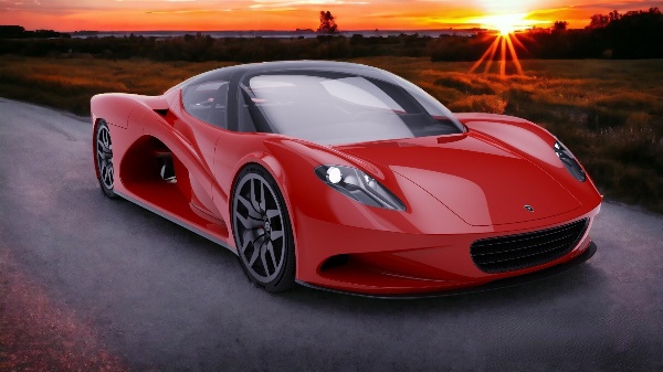 Vibrant red sports car cruising on a road as the sun sets.